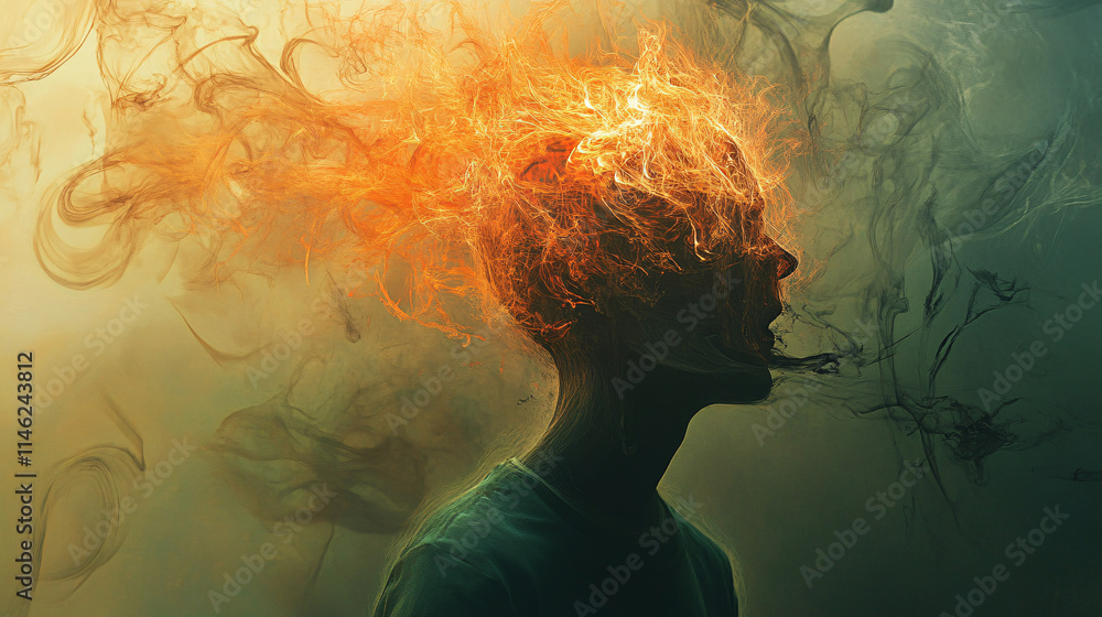 Poster a silhouette of a person with a fiery explosion of color emanating from their head, representing int