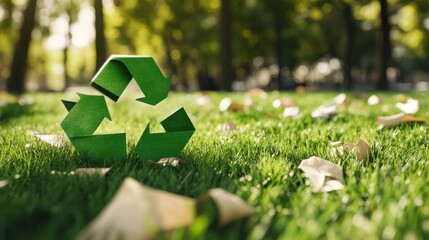 environment, sustainability and ecology concept - close up of green recycling sign and paper waste on grass