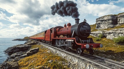 Obraz premium Vintage steam train journey along scenic coastal railway.