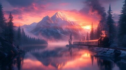A steam train travels through a snowy mountain valley at sunset, with a lake reflecting the vibrant colors of the sky.