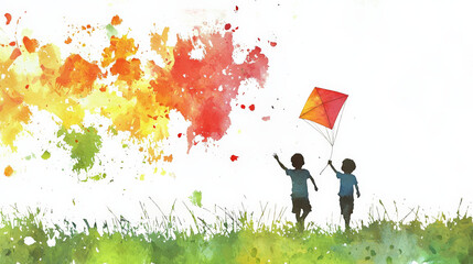 Children flying kites in colorful watercolor landscape, joyful and playful