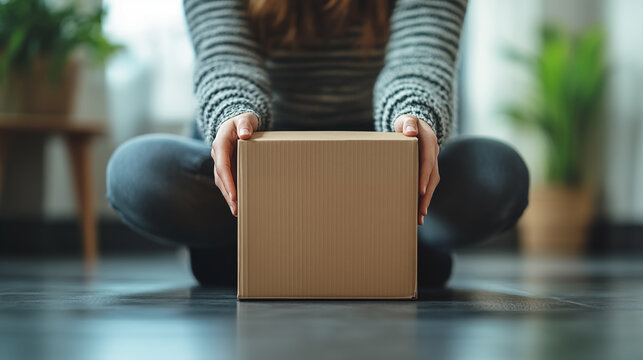 Cropped image of woman holding cardboard box while sitting on floor at home