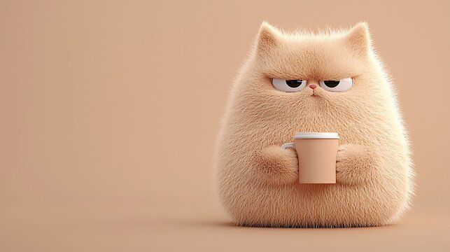 Grumpy fluffy cat holding coffee cup. (1)