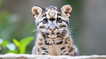 Fototapeta premium Close-up portrait of an adorable clouded leopard cub looking directly forward with large curious eyes in a natural outdoor setting.