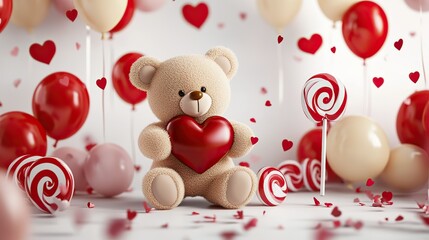 A cute 3D teddy bear holding a heart, surrounded by colorful balloons and lollipops, set against a festive Valentine's Day background. The image captures a joyful, playful, and romantic atmosphere, pe