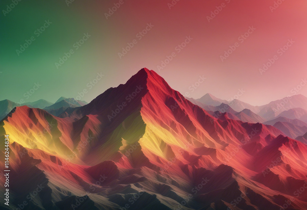 Poster abstract background with red green and yellow gradient lines in the shape of mountain peaks