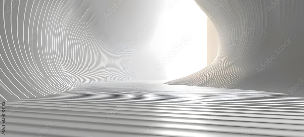 Poster an abstract, minimalist interior featuring smooth, flowing lines and a bright light source at the en