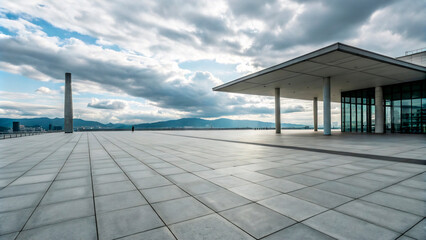 a building with a sky background and a mountain view.2