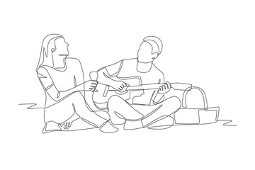 A couple having fun on a picnic. Picnicking outdoors concept one-line drawing