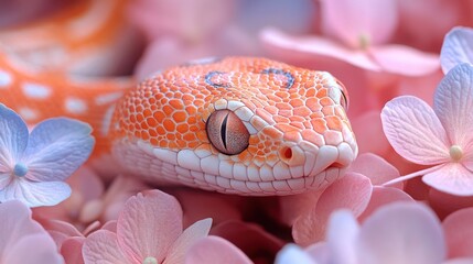 Fototapeta premium Close-up of an orange snake among pink and blue flowers.