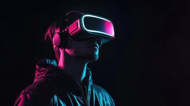 future technology, augmented reality and cyberspace concept - man vr glasses under white illumination with virtual screens projection over black background