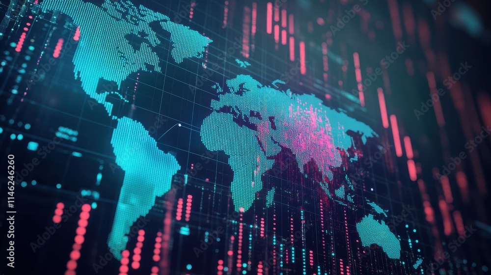 Poster global stats and big data concept with digital graphic colourful dotted world map and indicators on 