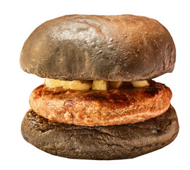 Black Hamburger close-up.  On isolated white background.  Fast food. Transparent background.	
