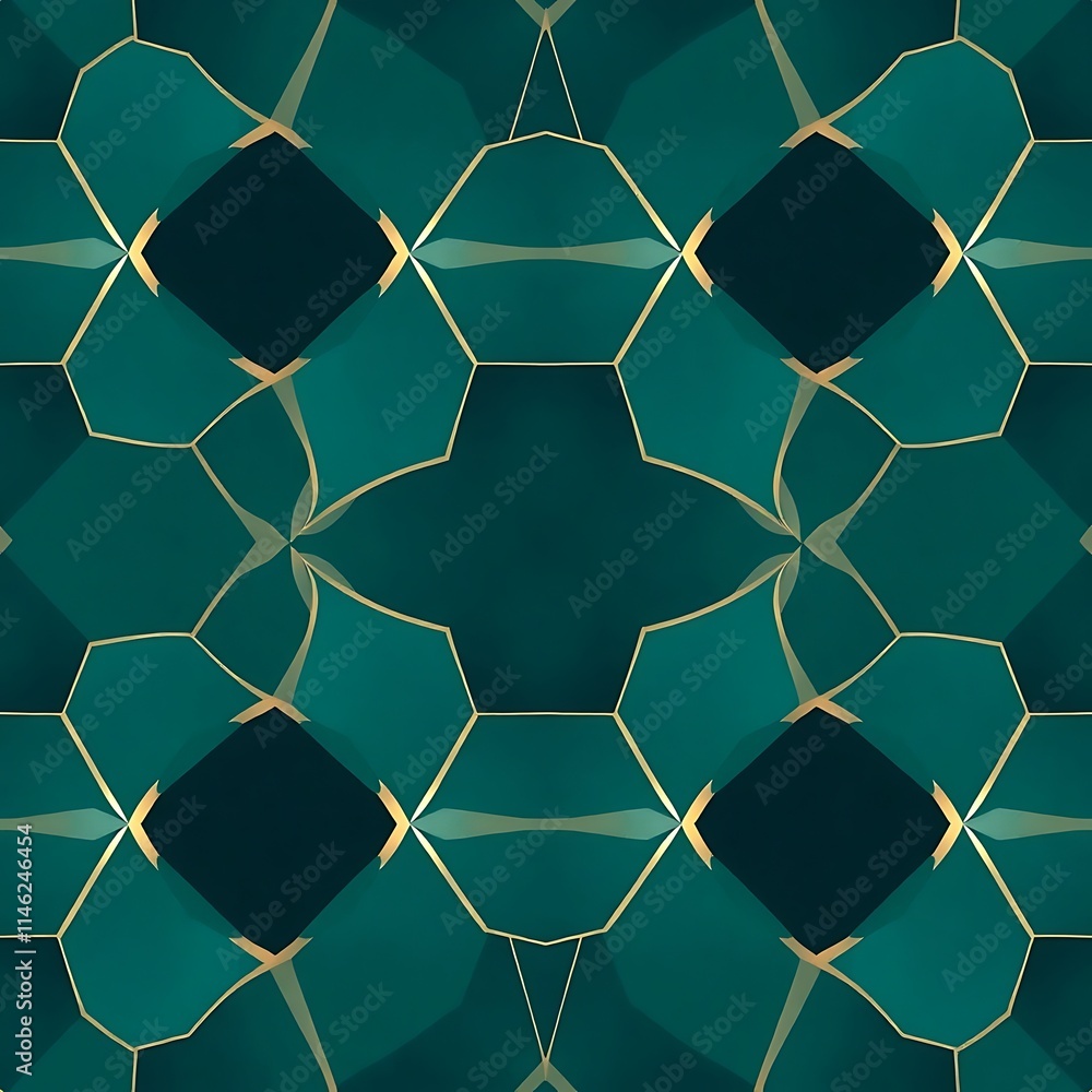 Poster emerald & gold geometric pattern: an intricate and captivating design with a seamless, repeating pat