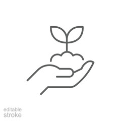 Plant in hand icon. Simple outline style. Hand holding plant with leaves, tree, grow, leaf, sprout, seedling, nature, ecology concept. Thin line symbol. Vector illustration isolated. Editable stroke.