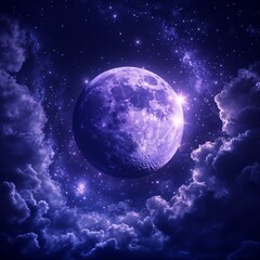 Obraz premium Vivid purple moon shining above fluffy clouds with sparkling stars and cosmic landscape at night