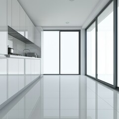 Modern white minimalist kitchen with large windows illuminating the room and shiny floor