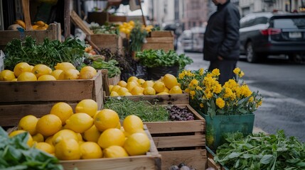 A photograph of an outdoor farmers' market with stalls displaying fresh produce, herbs, and spices. The focus is on the vibrant colors of fruits like lemons and oranges, as well as vegetables 
