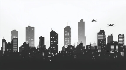 Fototapeta premium A futuristic city skyline at dusk, with flying cars and skyscrapers lighting up