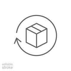 Return package icon. Simple outline style. Delivery parcel, box, package, return, exchange, arrow, deliver, product, shipping concept. Thin line symbol. Vector illustration isolated. Editable stroke.