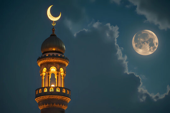 The top of the golden minaret with the symbol of Islam is the growing moon of the golden crescent moon. Right in the frame
