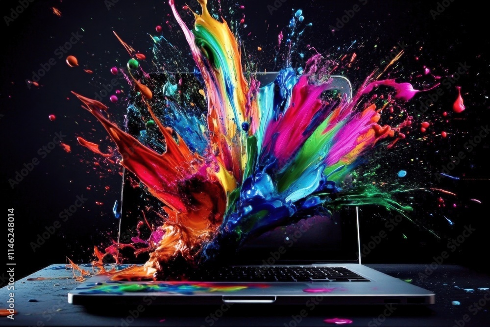 Poster creative inspiration flows from a digital device in a dazzling display.