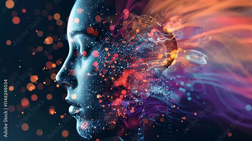 Poster woman's profile merges with abstract shapes and particles, symbolizing the integration of humans wit
