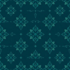 Fototapeta premium Teal Damask Seamless Pattern 
