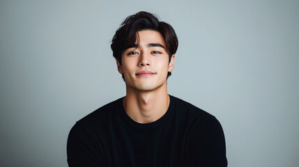 Obraz premium 若くてかっこいいアジア人男性の笑顔のファッションポートレート。