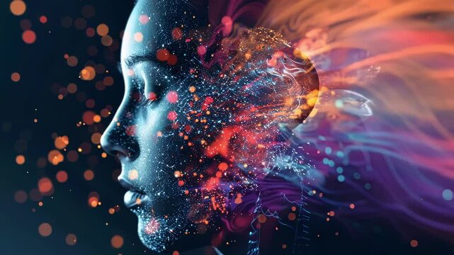 Woman's profile merges with abstract shapes and particles, symbolizing the integration of humans with future technologies like artificial intelligence and neural networks