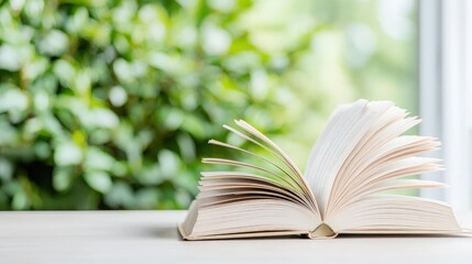 Open book on table, green background.