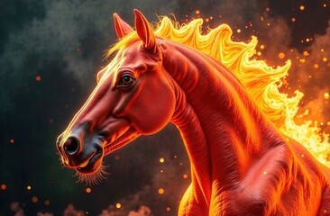 close-up of the red fiery horse, symbol of the new year 2026, Chinese horoscope, horizontal