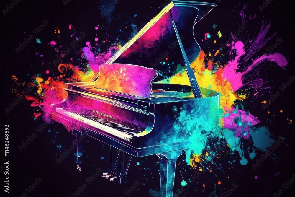 Poster generative ai art depicting a dynamic and colorful piano performance.