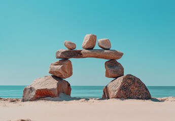 Balanced stones arch on sandy beach, clear blue sky.