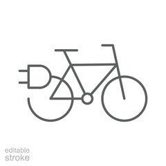 Electric bicycle icon. Simple outline style. Electrical bike and plug charging, eco friendly electro cycle vehicle concept. Thin line symbol. Vector illustration isolated. Editable stroke.