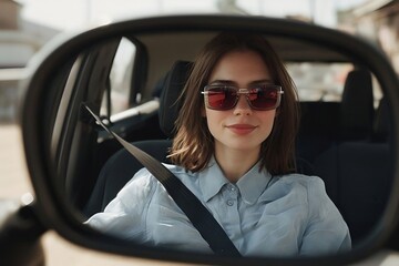 Shades driver in reflection in rear view car mirror,car a woman wearing sunglasses smiles while sitting in the rear view mirror of a car,car side mirror showcasing woman