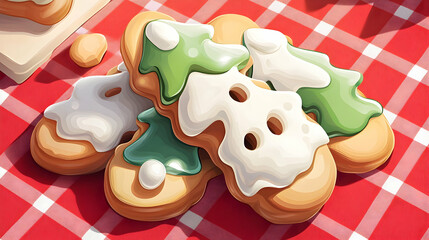 Festive Christmas tree cookies on red gingham, baking background, holiday recipe.