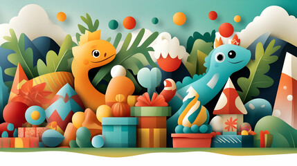 Obraz premium Festive Dinosaurs Celebrate Birthday amidst Gifts & Nature.