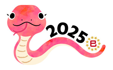 2025年　巳年　年賀素材　水彩風のかわいいピンクのへびの女の子