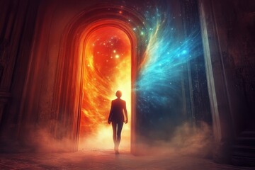 Enigmatic scene of a person and a striking portal.
