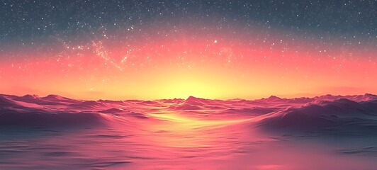 Fototapeta premium A stunning digital landscape showcasing a serene ocean at sunset, with vibrant pink and orange hues illuminating the water and a starry sky fading into twilight.