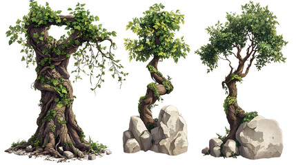 Three Twisted Trees, Lush Greenery, Stone Bases, Game Assets