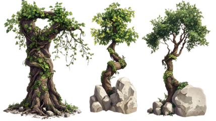 Three Twisted Trees, Lush Greenery, Stone Bases, Game Assets