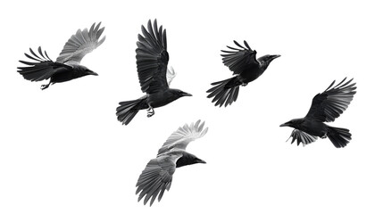 Obraz premium Five Black Crows in Flight Monochrome Avian Artwork