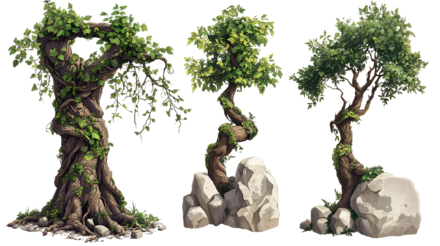 Three Twisted Trees, Lush Greenery, Stone Bases, Game Assets