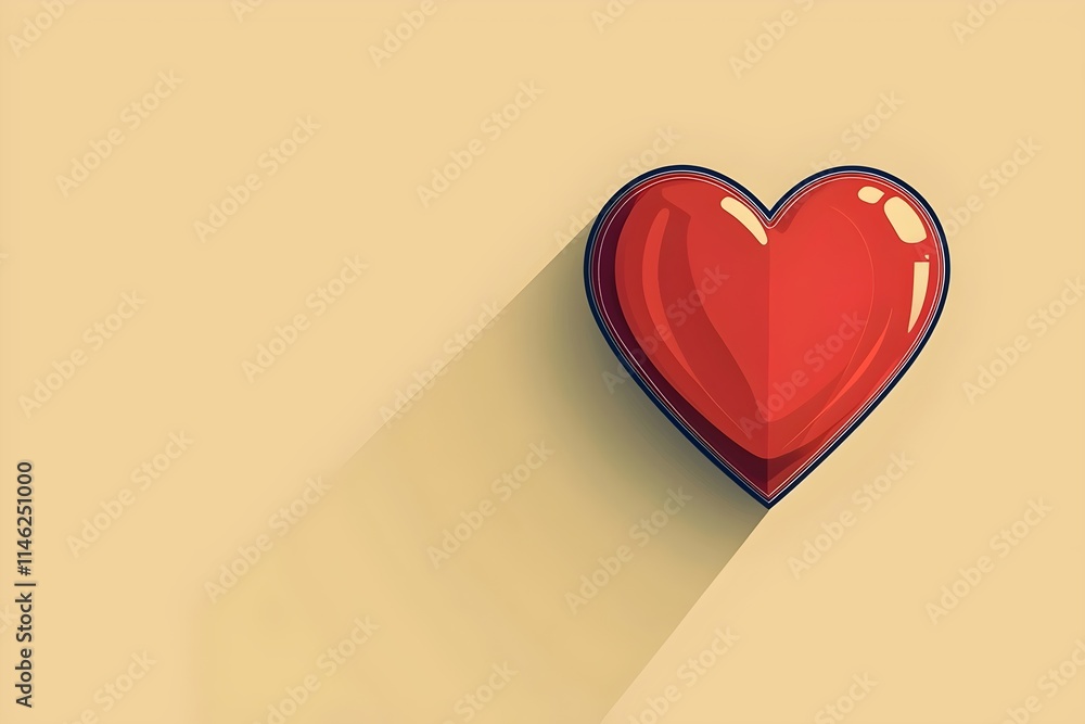Poster a vibrant red heart icon with a glossy finish, resting on a soft yellow background, creating a cheer