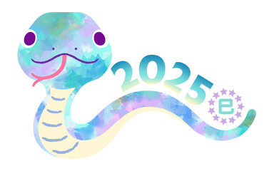 2025年　巳年　年賀素材　水彩風のカラフルできれいなへび