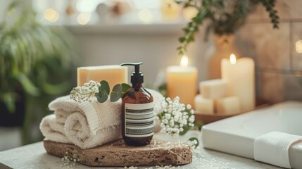Spa essentials with towels, candles, and greenery on a wooden surface