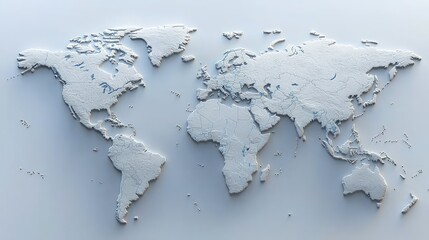 Embossed world map, light gray, 3D relief.