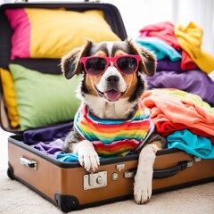 Dog Relaxing in Suitcase with Colorful Clothes - Ready for Vacation,